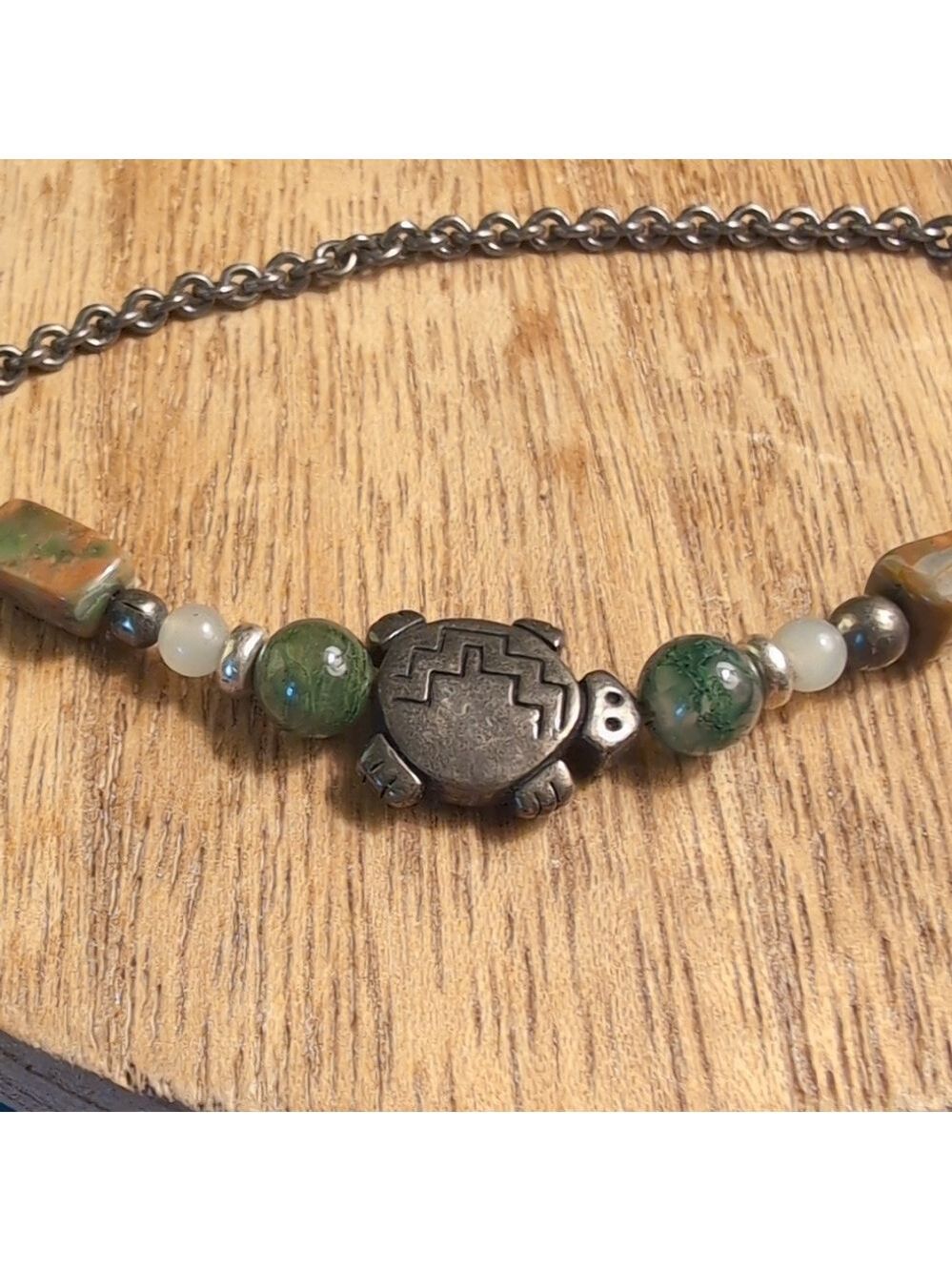 Silver Lil Turtle Moss Agate Stone Bracelet